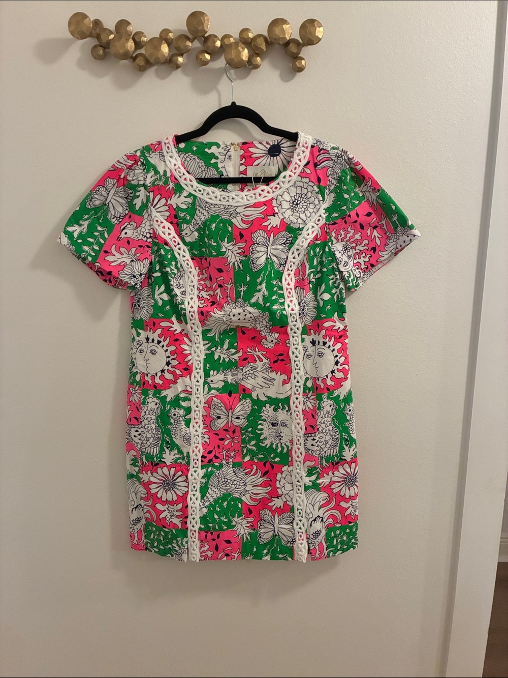 Lilly Pulitzer Pink & Green Patchwork Shift Dress with White Lace Trim